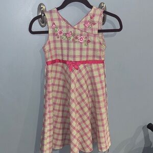 Pink Plaid Dress with Floral Embroidery